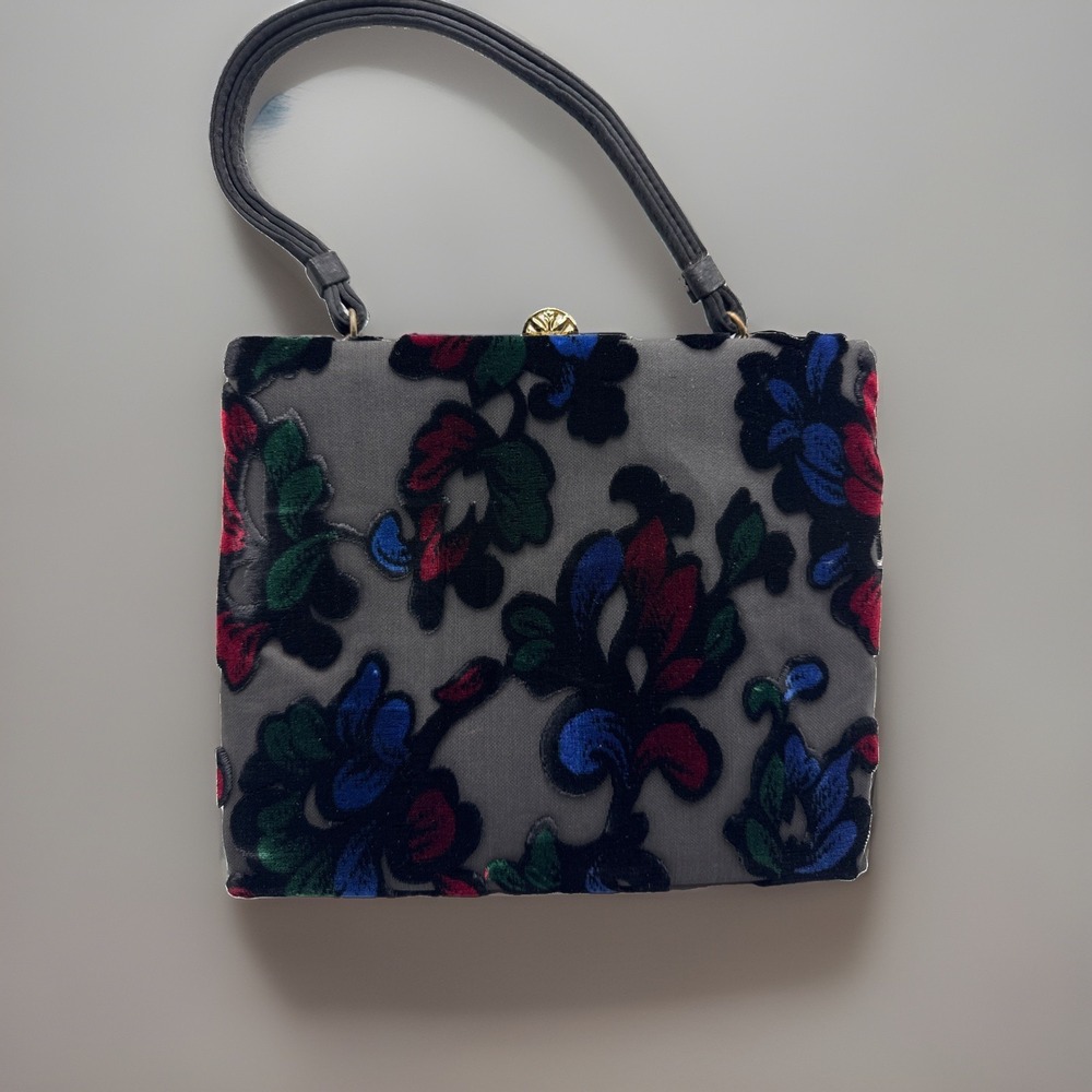 Vintage Meyers Purse Black With Velvet Cutout Red Blue Green Satin Lined Handbag